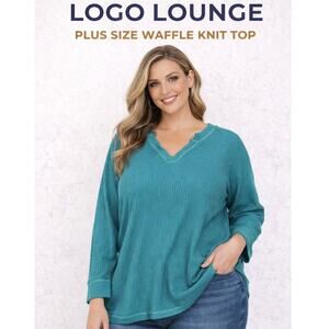 Logo By Lori Goldstein Waffle Knit Top Raw Hem V-Neck Teal Plus Size 2X Relaxed